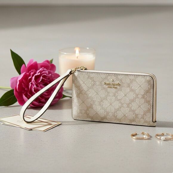 Kate Spade Lucy Spade Flower Small Card Holder Wristlet, Dark Beige New - Picture 2 of 5